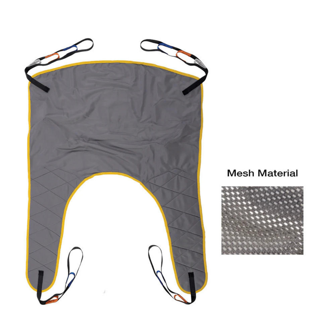 The Hoyer® Mesh Quickfit Loop Style Sling, compatible with Joerns Lifts, is gray with yellow trim and has four black straps featuring colored loops; an inset displays a close-up of the mesh texture.